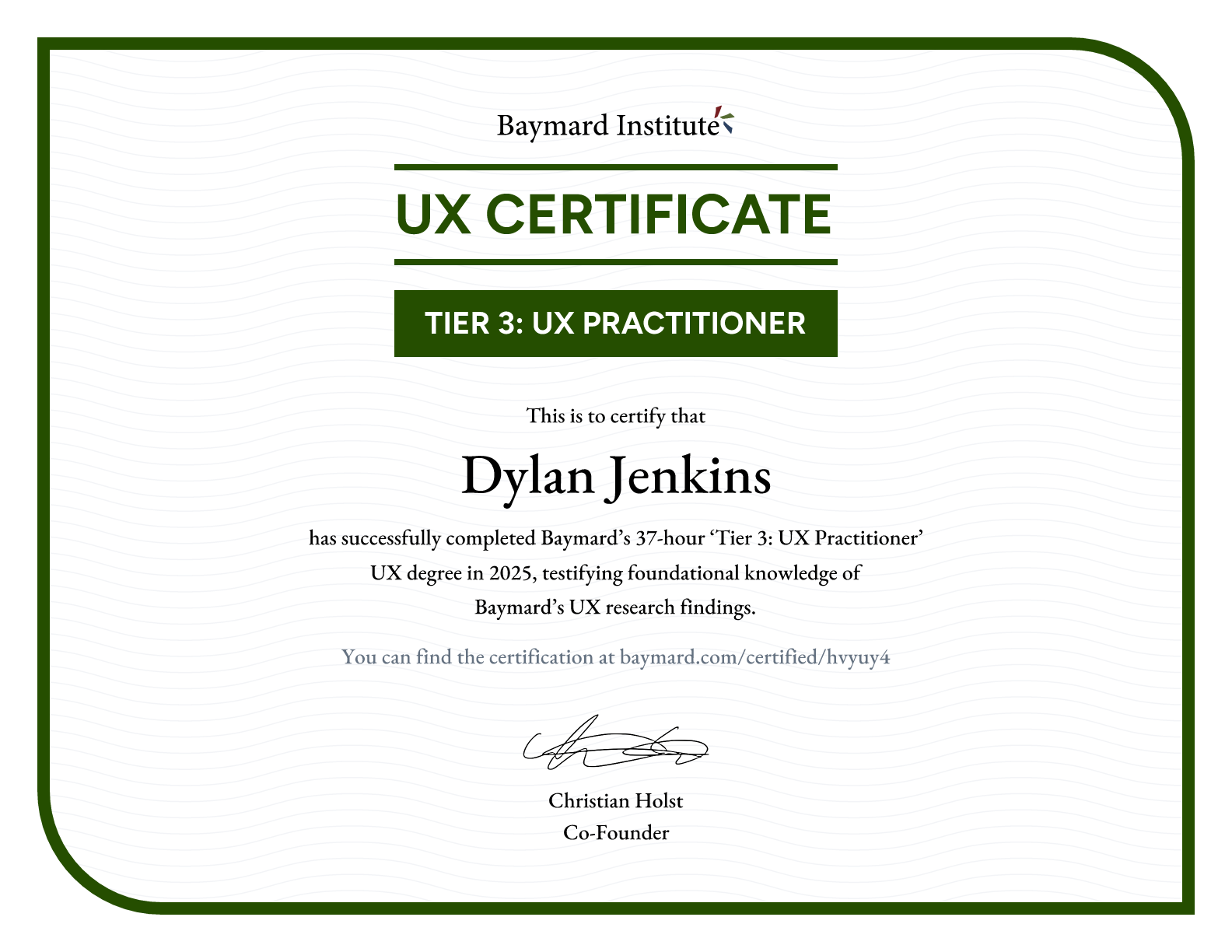 Dylan Jenkins’s certificate