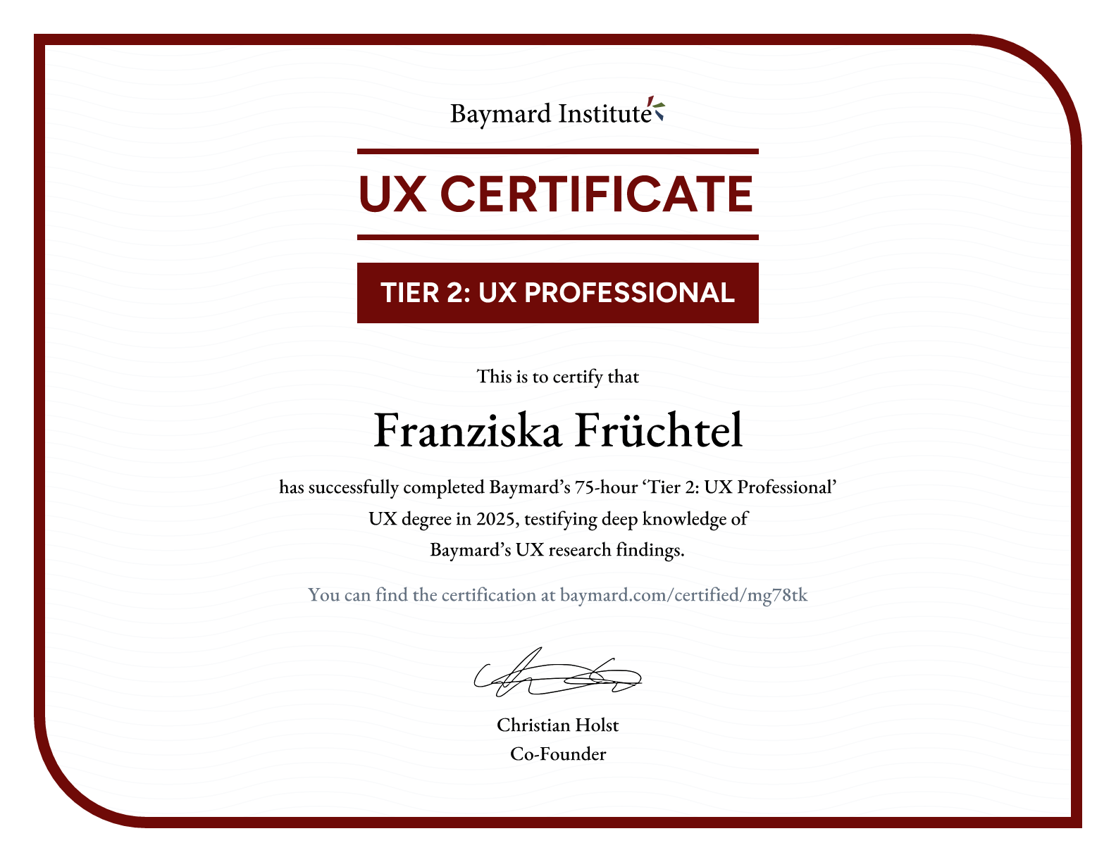 Franziska Früchtel’s certificate