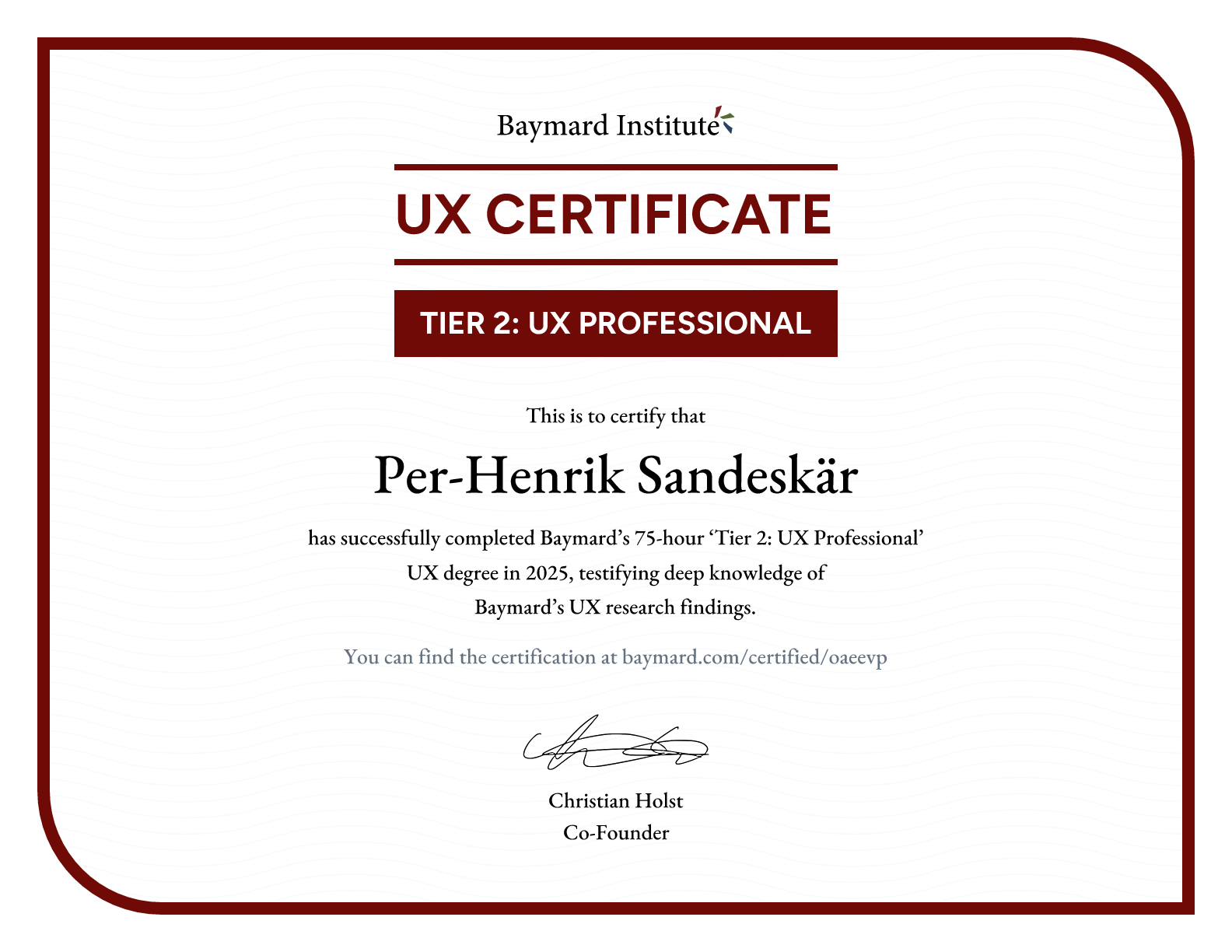 Per-Henrik Sandeskär’s certificate