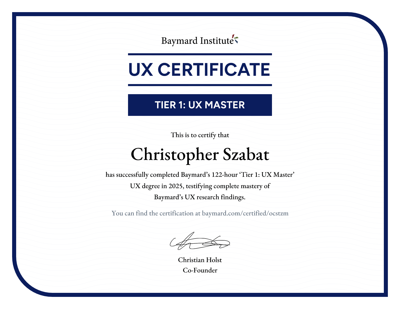 Christopher Szabat’s certificate