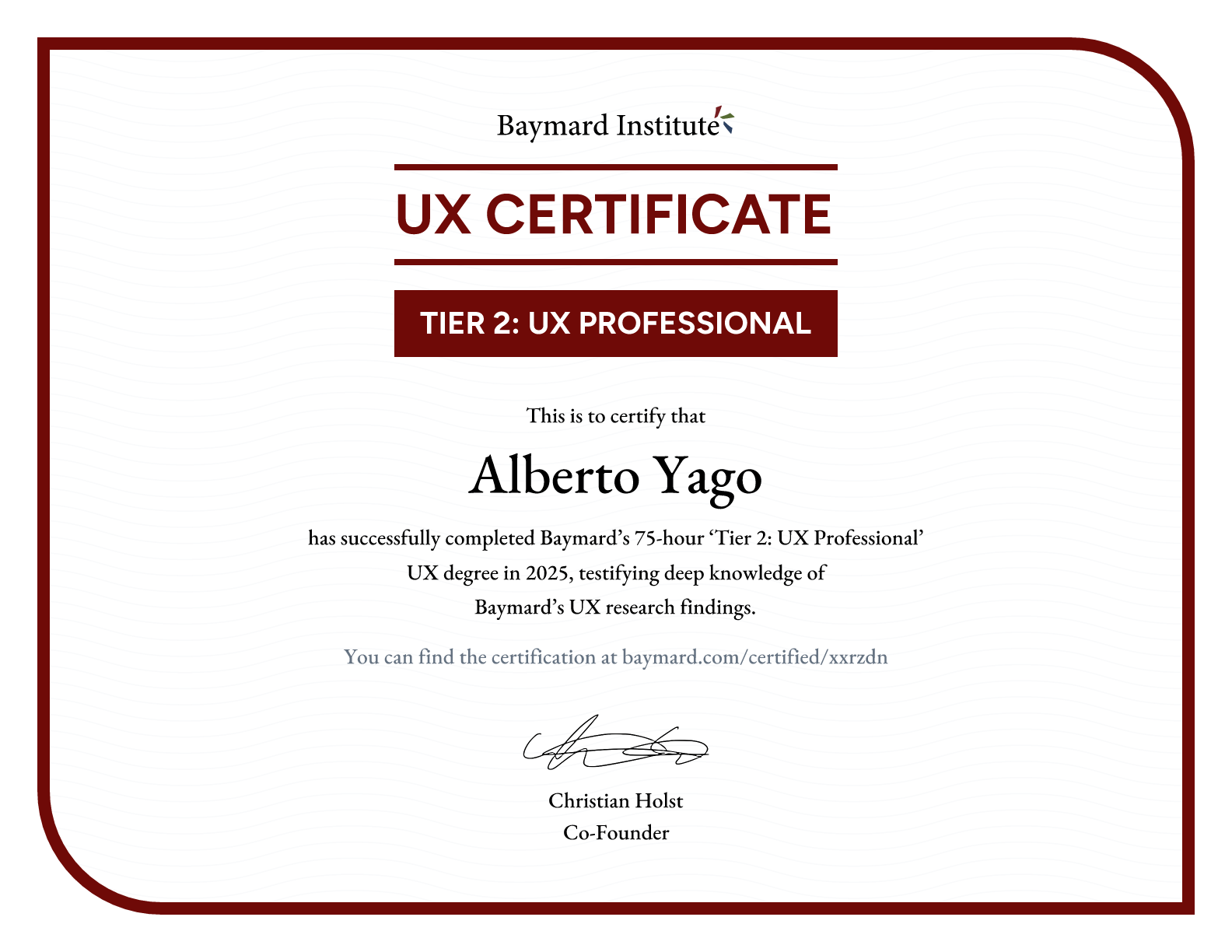 Alberto Yago’s certificate